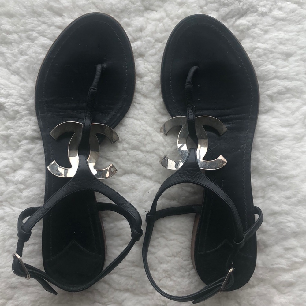 Chanel monogram black leather sandals
